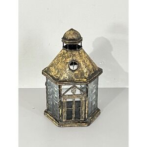 Vintage Candle Lantern  Gold Black Distressed Metal Hexagon Gazebo
